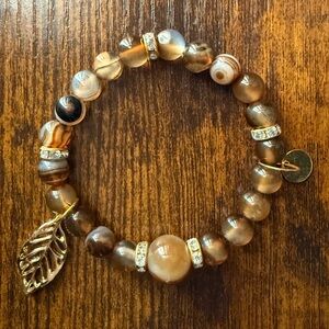Brown Beaded Bracelet with Gold Leaf Charm